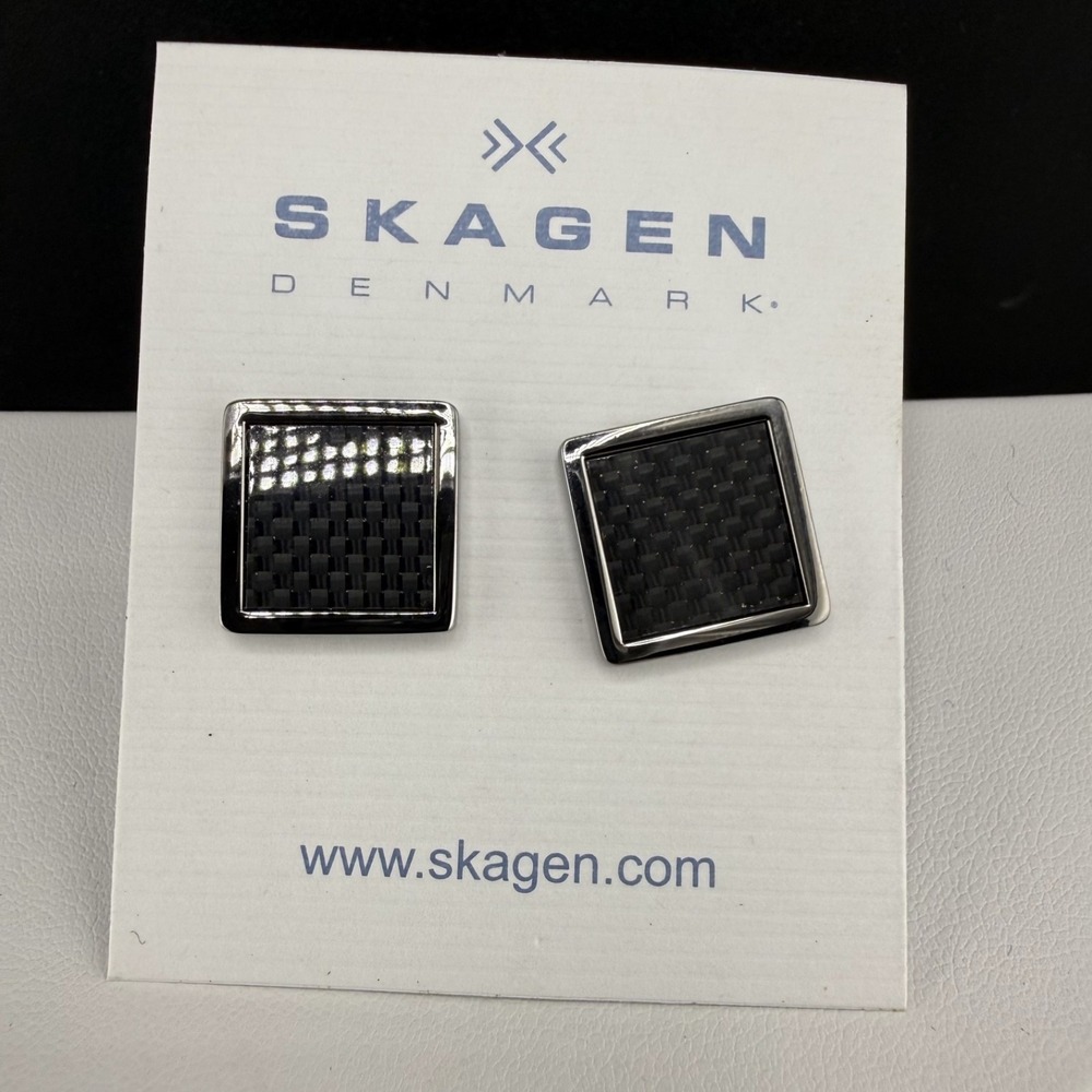 Vintage‎ Skagen Cufflinks Silver Tone Carbon Fiber Square Bullet Back